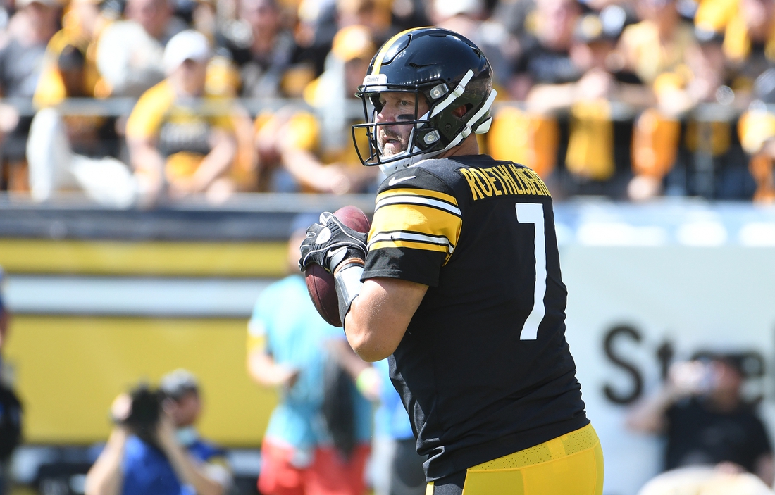 Sep 19, 2021; Pittsburgh, Pennsylvania, USA;  Pittsburgh Steelers quarterback Ben Roethlisberger looks for a receiver as they play the Las Vegas Raiders during the first quarter at Heinz Field. The Raiders won the game 26-17. Mandatory Credit: Philip G. Pavely-USA TODAY Sports