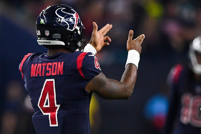 Oct 25, 2018; Houston, TX, USA; Houston Texans quarterback Deshaun Watson (4) reacts after a touchdown pass to wide receiver Will Fuller (not pictured) during the third quarter against the Miami Dolphins at NRG Stadium. Mandatory Credit: Shanna Lockwood-USA TODAY Sports
