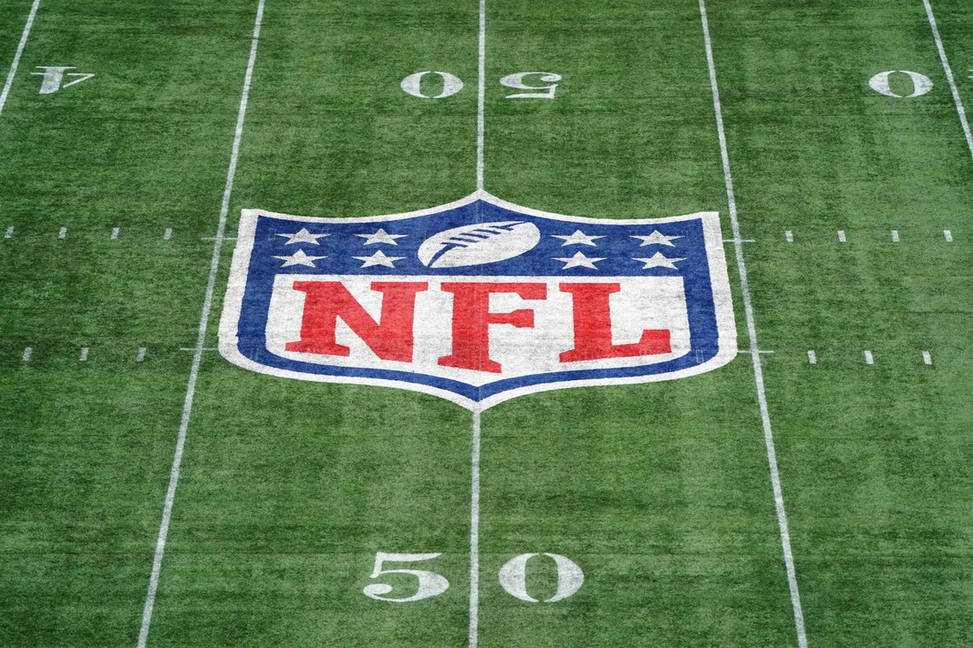 Oct 13, 2019; London, United Kingdom;  General overall view of the NFL shield logo at midfield during an NFL International Series game between the Carolina Panthers and the Tampa Bay Buccaneers at Tottenham Hotspur Stadium. Mandatory Credit: Kirby Lee-USA TODAY Sports