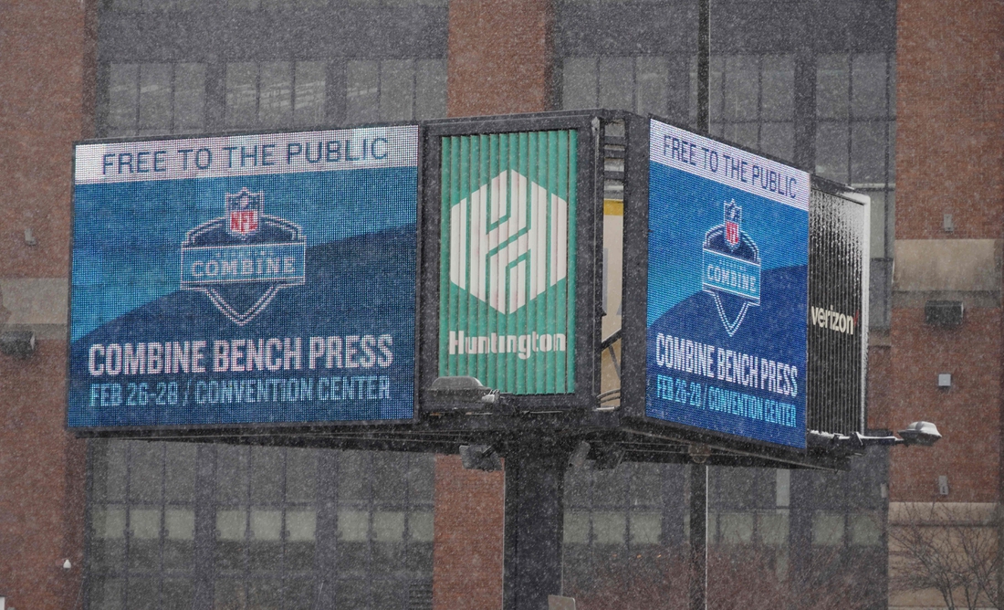 Feb 26, 2020; Indianapolis, Indiana, USA;  General overall of NFL Scouring Combine sign outside of Lucas Oil Stadium. Mandatory Credit: Kirby Lee-USA TODAY Sports