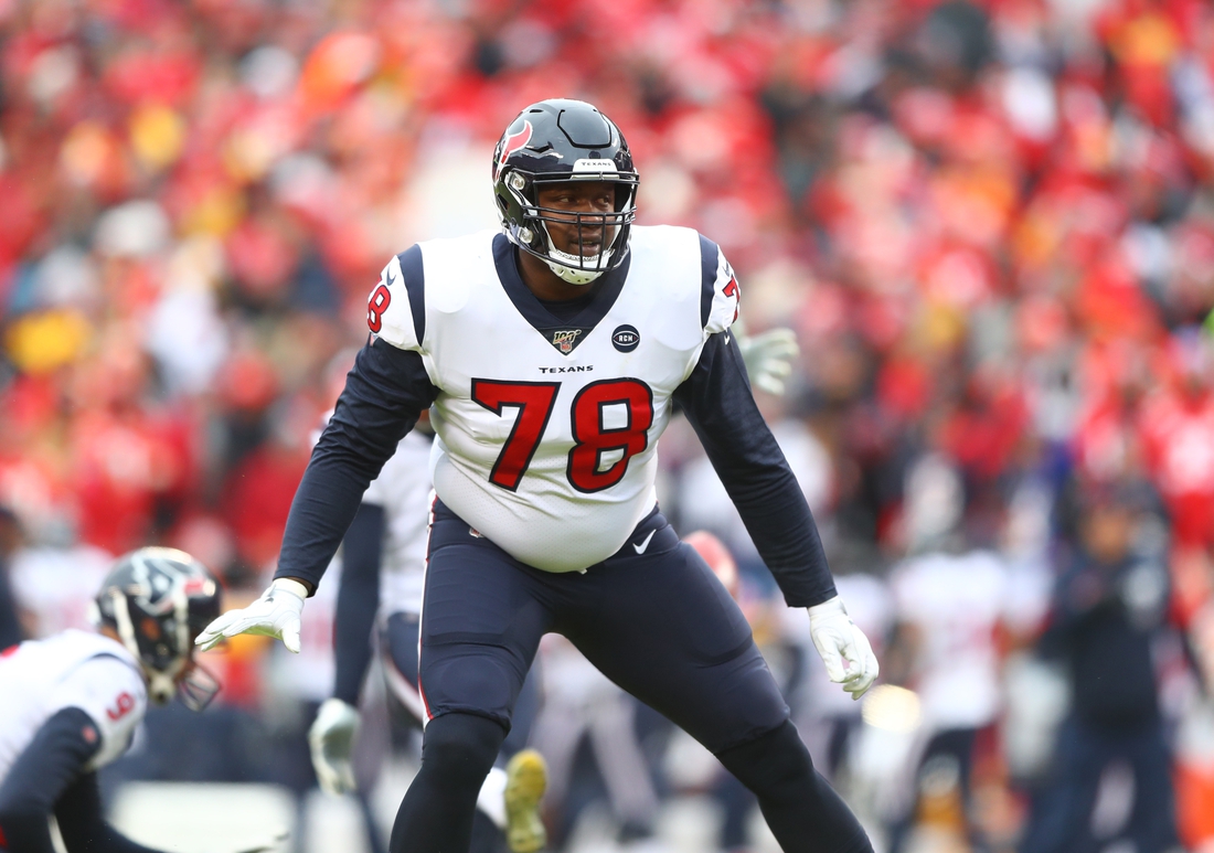 Jan 12, 2020; Kansas City, MO, USA; Houston Texans offensive tackle Laremy Tunsil (78) against the Kansas City Chiefs in a AFC Divisional Round playoff football game at Arrowhead Stadium.  Mandatory Credit: Mark J. Rebilas-USA TODAY Sports