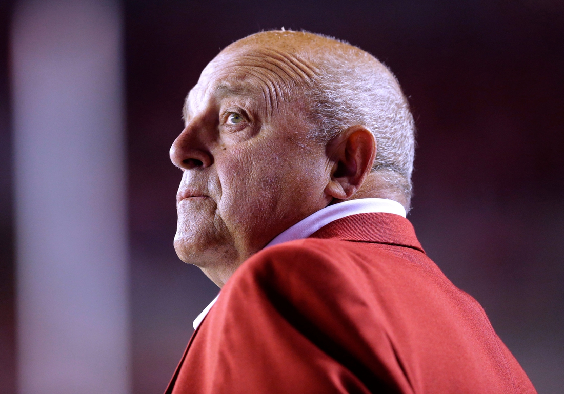 Wisconsin athletic director Barry Alvarez is shown on the sidelines during the first quarter against Utah State at Camp Randall Stadium on September 1, 2017, Madison, Wisconsin.

Ncaa Football Utah State At Wisconsin