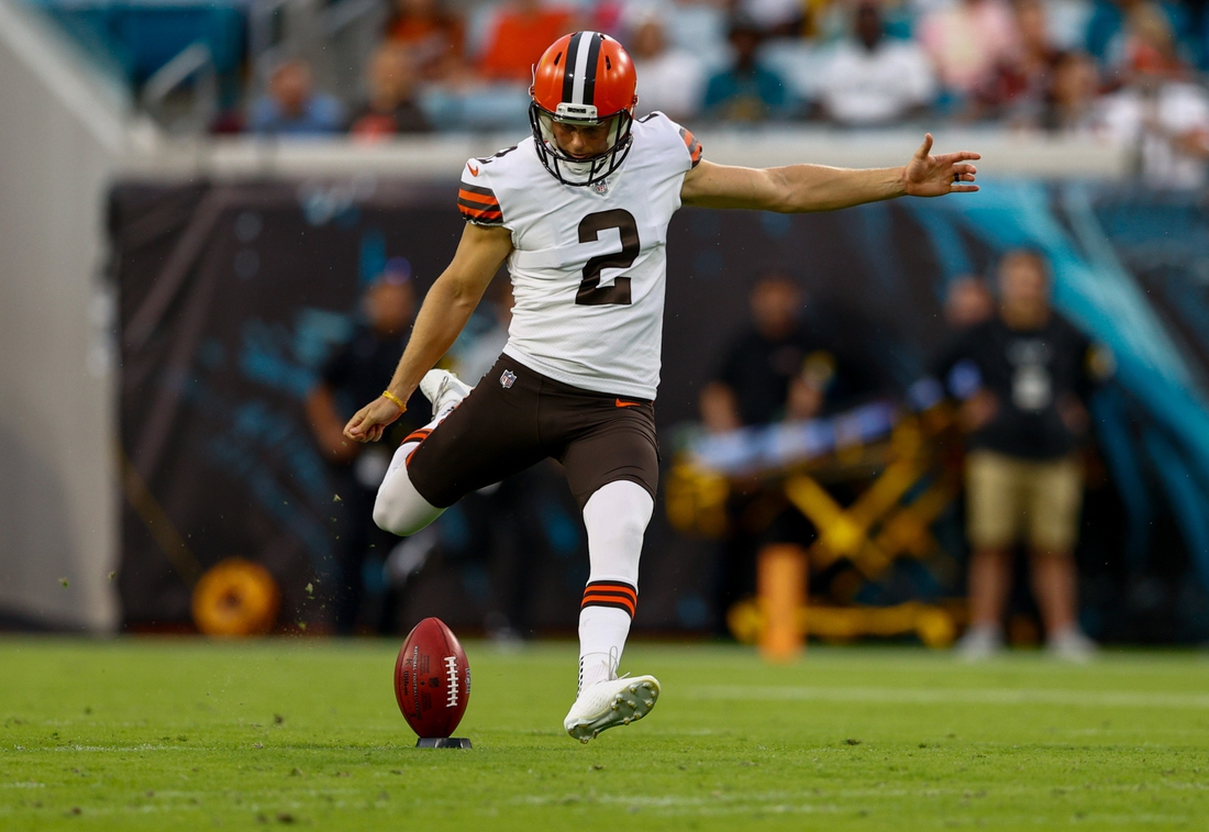 Aug 14, 2021; Jacksonville, Florida, USA;  Cleveland Browns kicker Cody Parkey (2) kicks off in the first quarter against the Jacksonville Jaguars at TIAA Bank Field. Mandatory Credit: Nathan Ray Seebeck-USA TODAY Sports