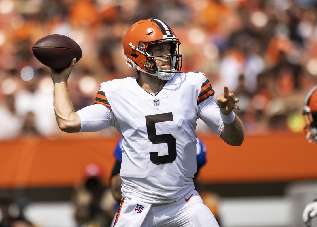Aug 22, 2021; Cleveland, Ohio, USA; Cleveland Browns quarterback Case Keenum (5) throws the ball during the first quarter against the New York Giants at FirstEnergy Stadium. Mandatory Credit: Scott Galvin-USA TODAY Sports
