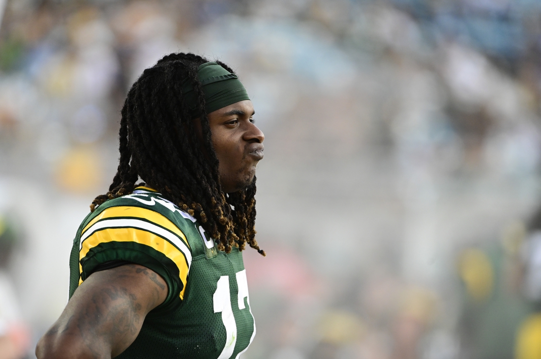 Sep 12, 2021; Jacksonville, Florida, USA;  Green Bay Packers wide receiver Davante Adams (17) reacts while standing on the sidelines during the fourth quarter against the New Orleans Saints at TIAA Bank Field. Mandatory Credit: Tommy Gilligan-USA TODAY Sports