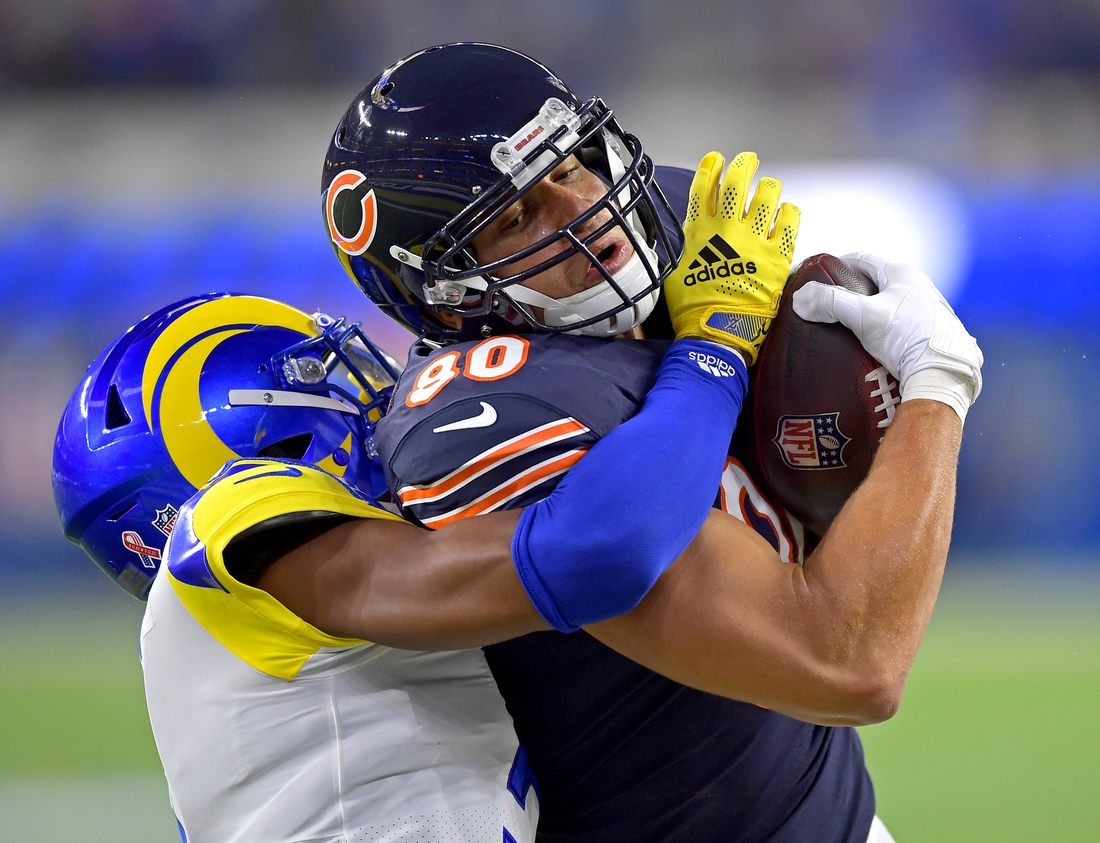 Sep 12, 2021; Inglewood, California, USA;   Chicago Bears tight end Jimmy Graham (80) is stopped by Los Angeles Rams cornerback Jalen Ramsey (5) at the 3 yard line in the second half against the Los Angeles Rams at SoFi Stadium. Mandatory Credit: Jayne Kamin-Oncea-USA TODAY Sports