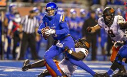 Sep 18, 2021; Boise, Idaho, USA; Boise State Broncos quarterback Hank Bachmeier (19) is sacked by Oklahoma State Cowboys defensive tackle Jayden Jernigan (42) during the second half at Albertsons Stadium. Oklahoma State won 21-20. Mandatory Credit: Brian Losness-USA TODAY Sports