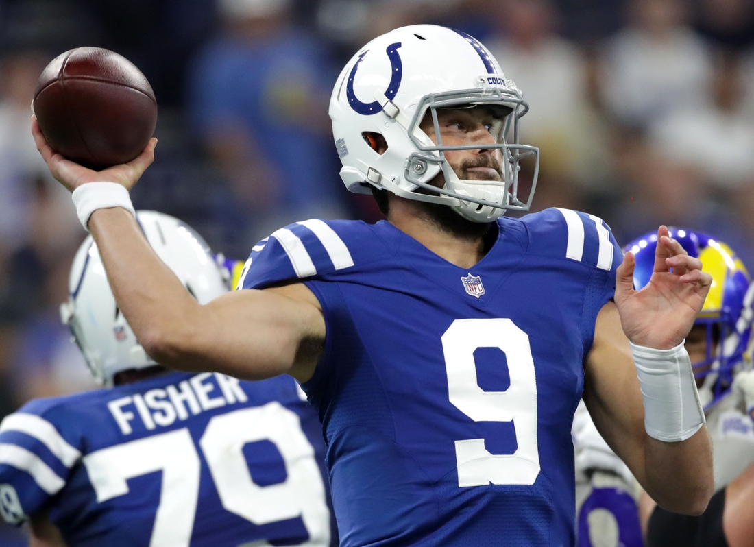 Indianapolis Colts quarterback Jacob Eason (9) throws for an interception Sunday, Sept. 19, 2021, during a game against the Los Angeles Rams at Lucas Oil Stadium in Indianapolis.