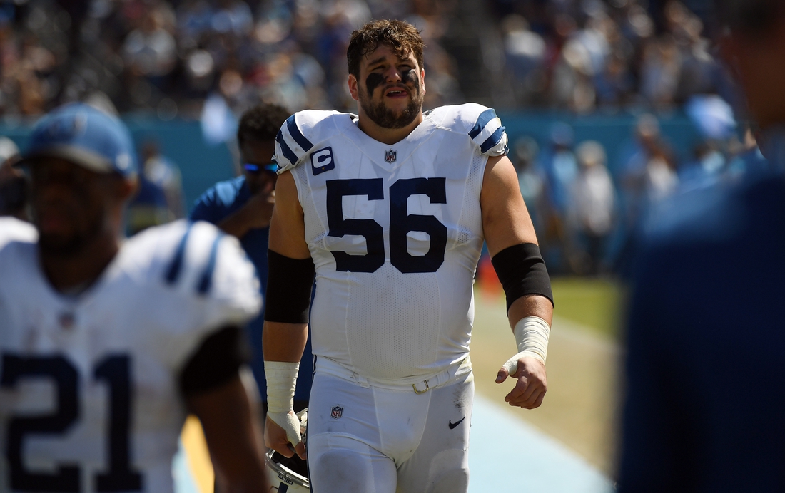 Sep 26, 2021; Nashville, Tennessee, USA; Indianapolis Colts offensive guard Quenton Nelson (56) leaves the field at half against the Tennessee Titans at Nissan Stadium. Mandatory Credit: Christopher Hanewinckel-USA TODAY Sports
