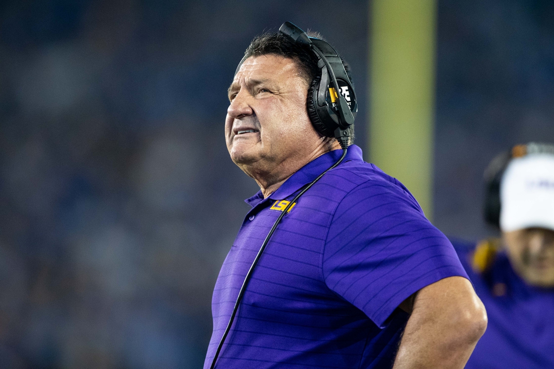 Oct 9, 2021; Lexington, Kentucky, USA; LSU Tigers head coach Ed Orgeron looks on during the second quarter against the Kentucky Wildcats at Kroger Field. Mandatory Credit: Jordan Prather-USA TODAY Sports