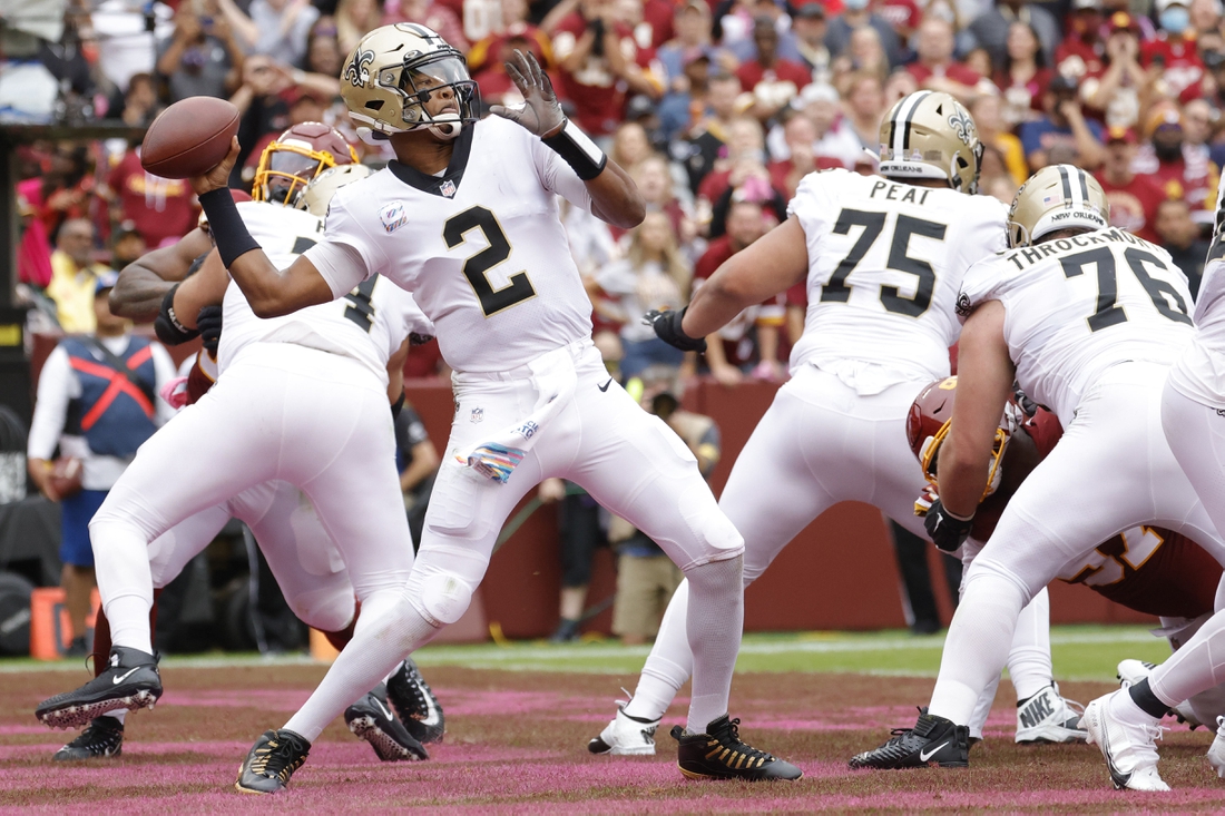 Oct 10, 2021; Landover, Maryland, USA; New Orleans Saints quarterback Jameis Winston (2) passes the ball from the end zone against the Washington Football Team during the second quarter at FedExField. Mandatory Credit: Geoff Burke-USA TODAY Sports