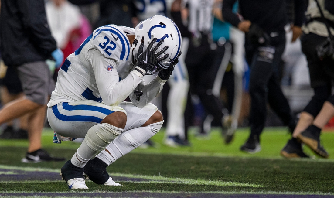 Indianapolis Colts free safety Julian Blackmon (32) buries his face in his hands Monday, Oct. 11, 2021, after the 31-25 Colts loss against Baltimore at M&T Bank Stadium for Monday Night Football.

101121 Colts 043 Jw