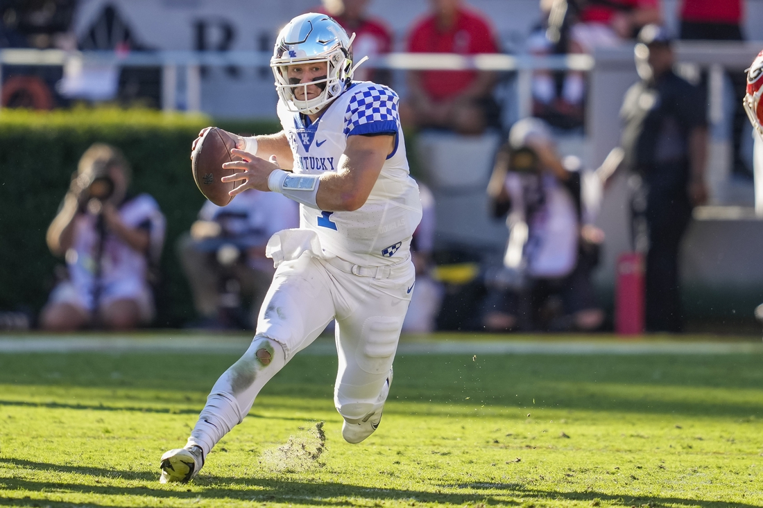 Oct 16, 2021; Athens, Georgia, USA; Kentucky Wildcats quarterback Will Levis (7) runs against the Georgia Bulldogs during the first half at Sanford Stadium. Mandatory Credit: Dale Zanine-USA TODAY Sports