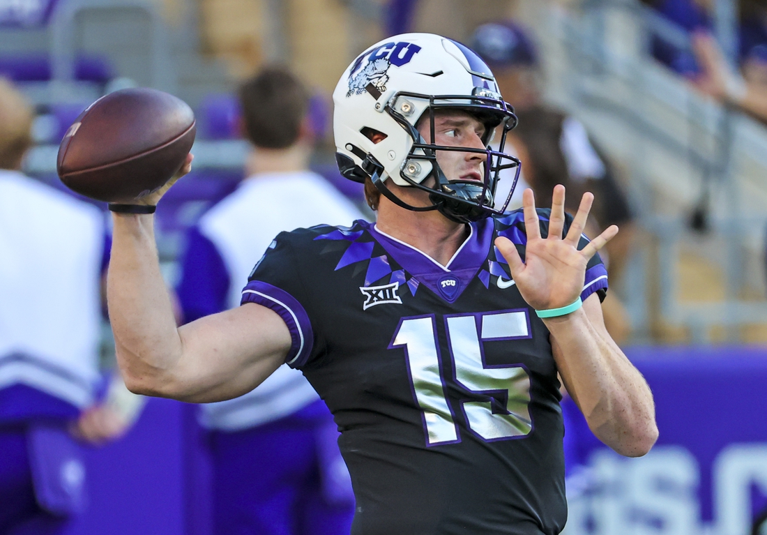 Oct 23, 2021; Fort Worth, Texas, USA; TCU Horned Frogs quarterback Max Duggan (15) throws before the game against the West Virginia Mountaineers at Amon G. Carter Stadium. Mandatory Credit: Kevin Jairaj-USA TODAY Sports
