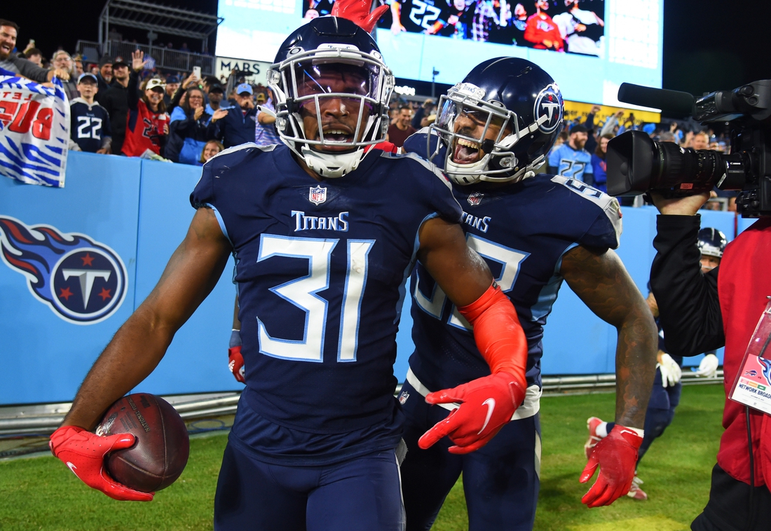 Oct 18, 2021; Nashville, Tennessee, USA; Tennessee Titans free safety Kevin Byard (31) after an interception against the Buffalo Bills at Nissan Stadium. Mandatory Credit: Christopher Hanewinckel-USA TODAY Sports