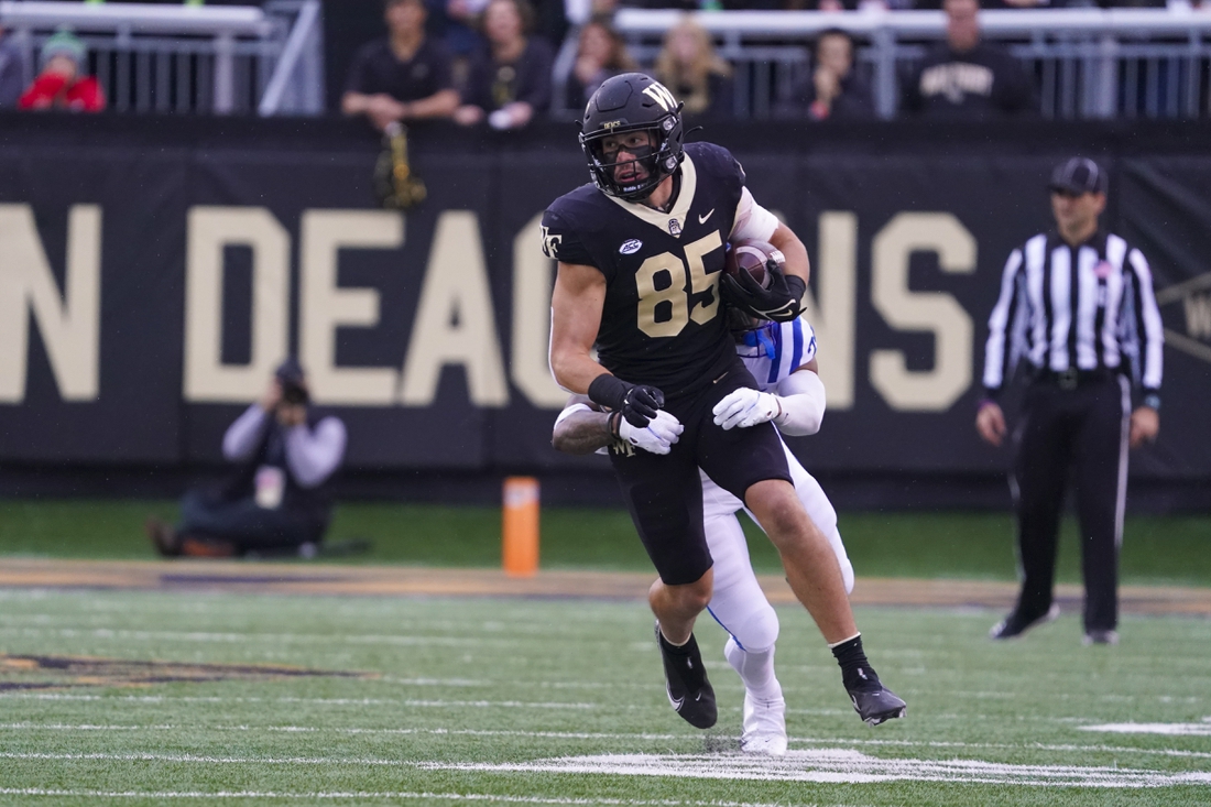 Oct 30, 2021; Winston-Salem, North Carolina, USA;  Wake Forest Demon Deacons tight end Blake Whiteheart (85) run s with the ball after his catch during the first half against the Duke Blue Devils at Truist Field. Mandatory Credit: James Guillory-USA TODAY Sports