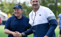 New England Patriots head coach Bill Belichick shares a laugh with Tennessee Titans head coach Mike Vrabel after a joint training camp practice at Saint Thomas Sports Park Wednesday, Aug. 14, 2019 in Nashville, Tenn.Nas Titans 8 14 Observations 030