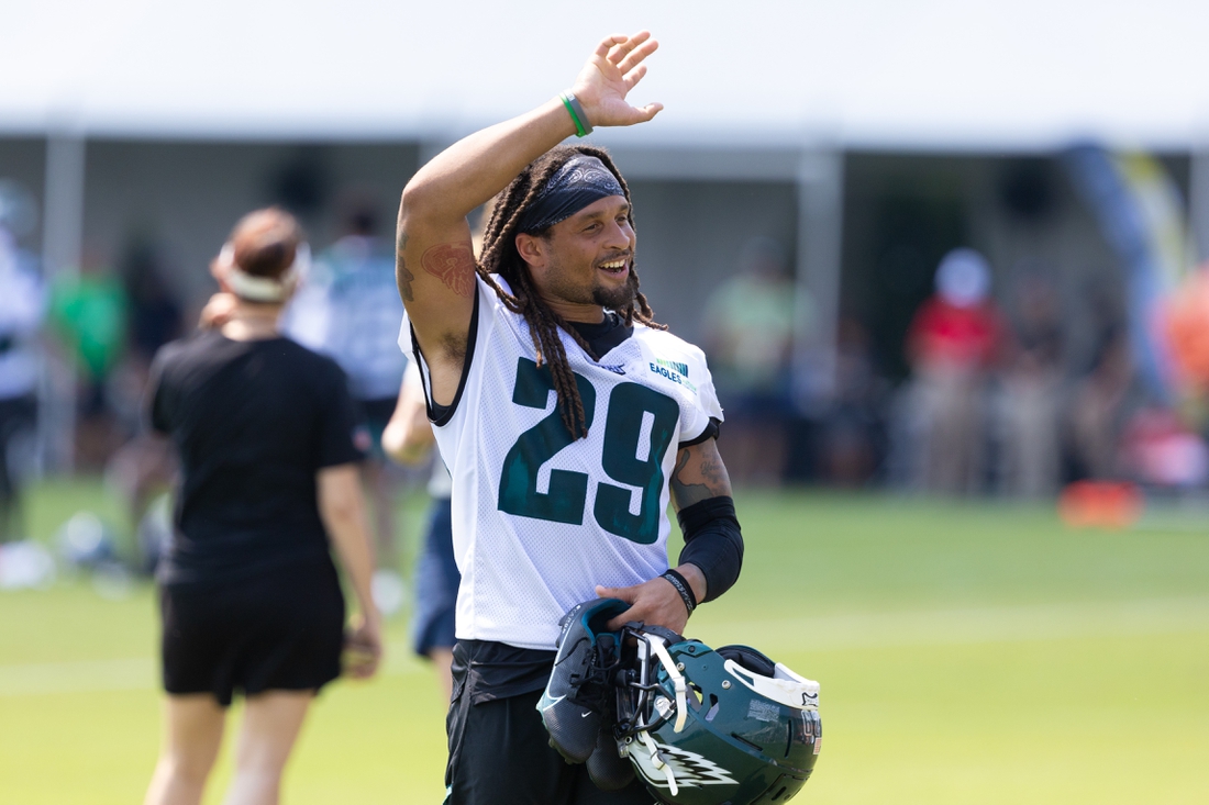 Jul 28, 2021; Philadelphia, PA, USA; Philadelphia Eagles free safety Avonte Maddox (29) waves to fans during training camp at NovaCare Complex. Mandatory Credit: Bill Streicher-USA TODAY Sports