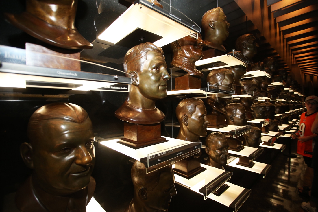 Aug 7, 2021; Canton, Ohio, USA;  General view of enshrined busts at the Professional Football Hall of Fame before the HOF enshrinement ceremonies at Tom Benson Hall of Fame Stadium. Mandatory Credit: Charles LeClaire-USA TODAY Sports