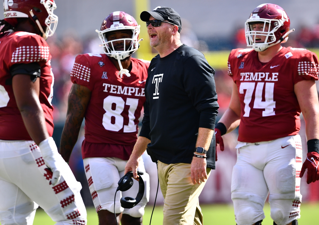 Oct 2, 2021; Philadelphia, Pennsylvania, USA; Temple Owls head coach Rod Carey reacts in the second half against the Memphis Tigers at Lincoln Financial Field. Mandatory Credit: Kyle Ross-USA TODAY Sports