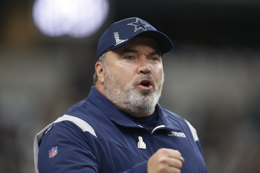 Oct 3, 2021; Arlington, Texas, USA; Dallas Cowboys head coach Mike McCarthy on the field before the game against the New York Giants at AT&T Stadium. Mandatory Credit: Tim Heitman-USA TODAY Sports