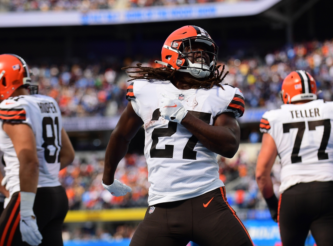 Oct 10, 2021; Inglewood, California, USA; Cleveland Browns running back Kareem Hunt (27) celebrates his touchdown scored against the Los Angeles Chargers during the first half at SoFi Stadium. Mandatory Credit: Gary A. Vasquez-USA TODAY Sports