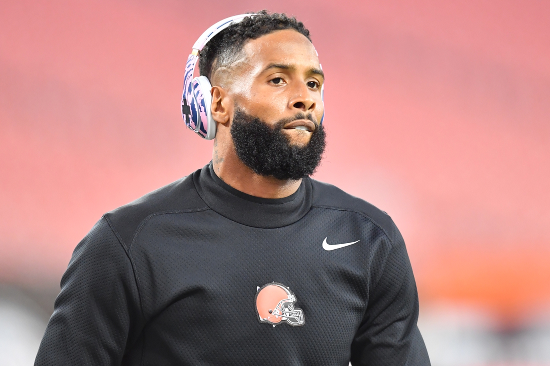 Oct 21, 2021; Cleveland, Ohio, USA; Cleveland Browns wide receiver Odell Beckham Jr. (13) warms up before the game between the Browns and the Denver Broncos at FirstEnergy Stadium. Mandatory Credit: Ken Blaze-USA TODAY Sports