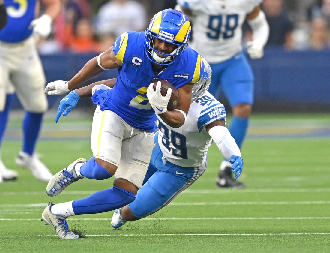 Oct 24, 2021; Inglewood, California, USA; Detroit Lions cornerback Jerry Jacobs (39) chases down Los Angeles Rams wide receiver Robert Woods (2) after a complete pass in the second half of the game at SoFi Stadium. Mandatory Credit: Jayne Kamin-Oncea-USA TODAY Sports
