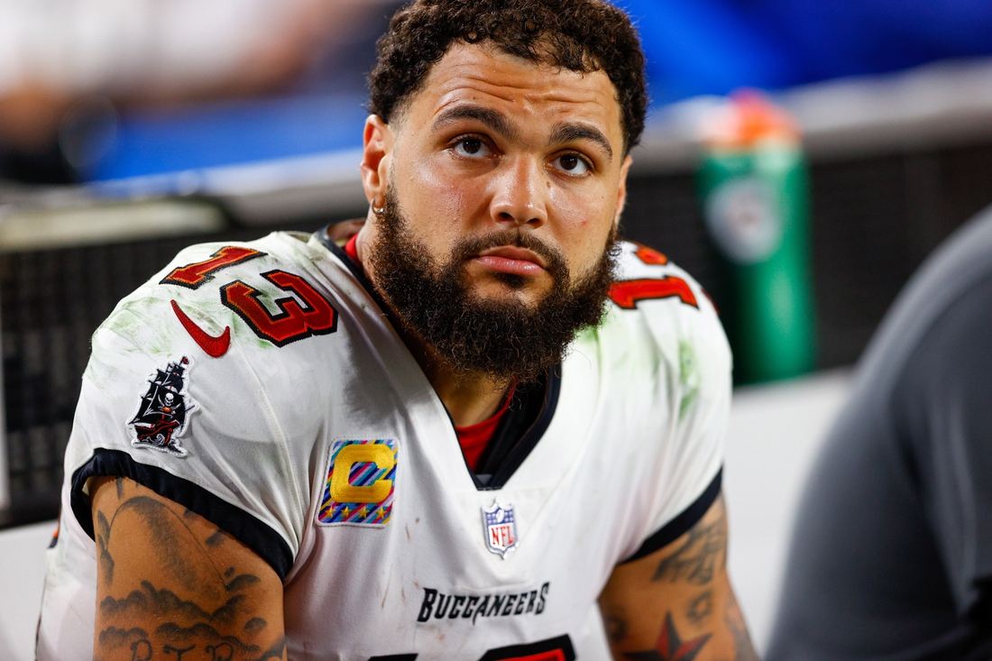Oct 24, 2021; Tampa, Florida, USA;  Tampa Bay Buccaneers wide receiver Mike Evans (13) looks on in the second half against the Chicago Bears at Raymond James Stadium. Mandatory Credit: Nathan Ray Seebeck-USA TODAY Sports