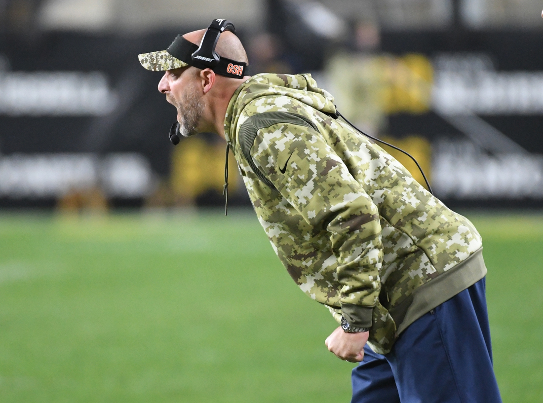 Nov 8, 2021; Pittsburgh, Pennsylvania, USA;  Chicago Bears head coach Matt Nagy voices his displeasure on a call in the fourth quarter against the Pittsburgh Steelers at Heinz Field. The Steelers won 29-27. Mandatory Credit: Philip G. Pavely-USA TODAY Sports