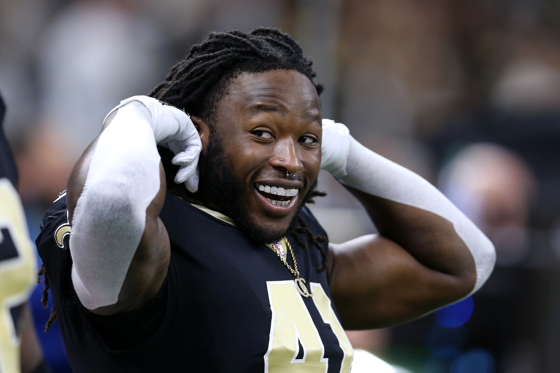 Nov 7, 2021; New Orleans, Louisiana, USA; New Orleans Saints running back Alvin Kamara (41) during the first quarter against the Atlanta Falcons at the Caesars Superdome. Mandatory Credit: Chuck Cook-USA TODAY Sports