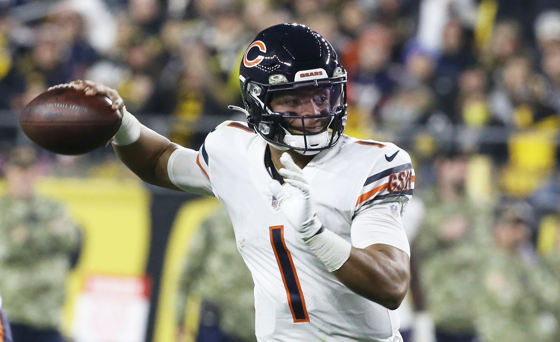 Nov 8, 2021; Pittsburgh, Pennsylvania, USA;  Chicago Bears quarterback Justin Fields (1) passes against the Pittsburgh Steelers during the third quarter at Heinz Field. Mandatory Credit: Charles LeClaire-USA TODAY Sports