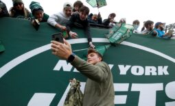 Nov 14, 2021; East Rutherford, New Jersey, USA; New York Jets quarterback Zach Wilson (2) takes selfies with fans before a game against the Buffalo Bills at MetLife Stadium. Mandatory Credit: Brad Penner-USA TODAY Sports