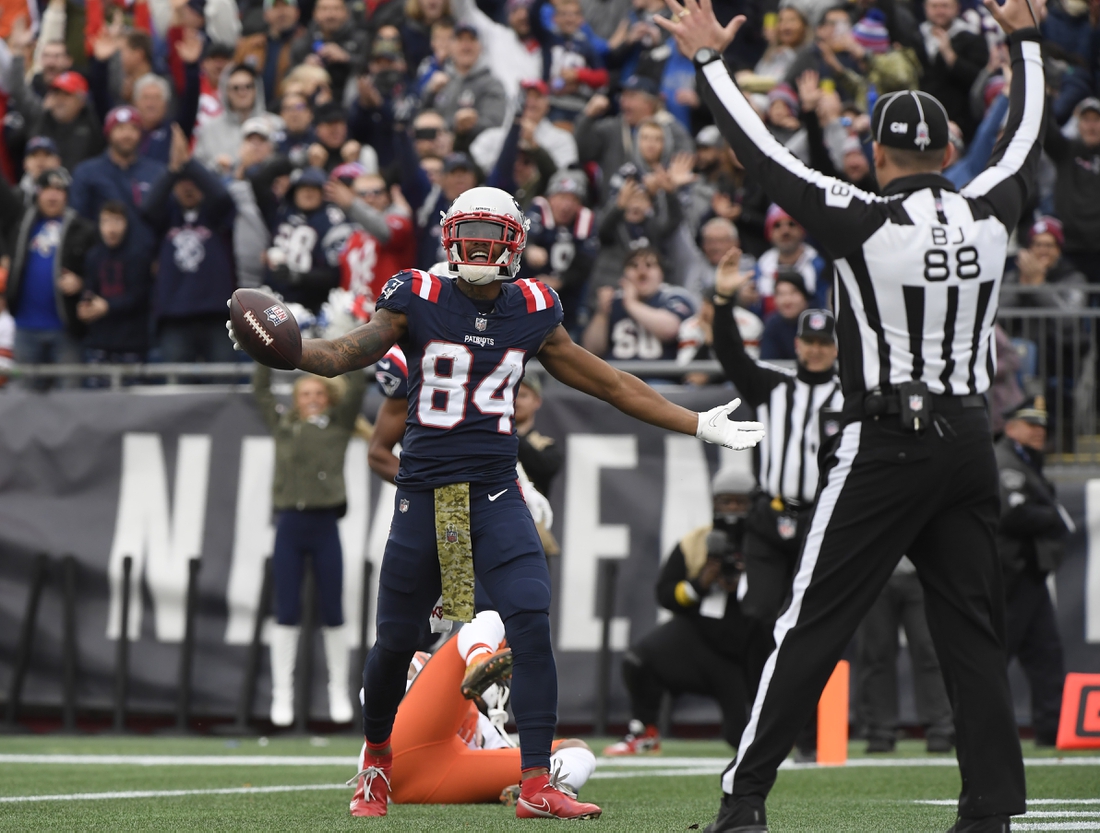 Nov 14, 2021; New England Patriots wide receiver Kendrick Bourne (84) reacts after scoring a touchdown during the first half against the Cleveland Browns at Gillette Stadium. Foxborough, Massachusetts, USA;  Mandatory Credit: Bob DeChiara-USA TODAY Sports