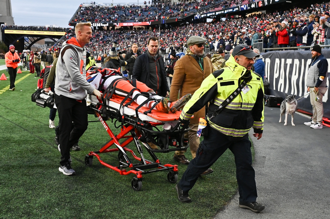 Nov 14, 2021; Foxborough, Massachusetts, USA; Cleveland Browns cornerback Troy Hill (23) is wheeled off of the field after sustaining an injury during the second half of a game against the New England Patriots at Gillette Stadium. Mandatory Credit: Brian Fluharty-USA TODAY Sports