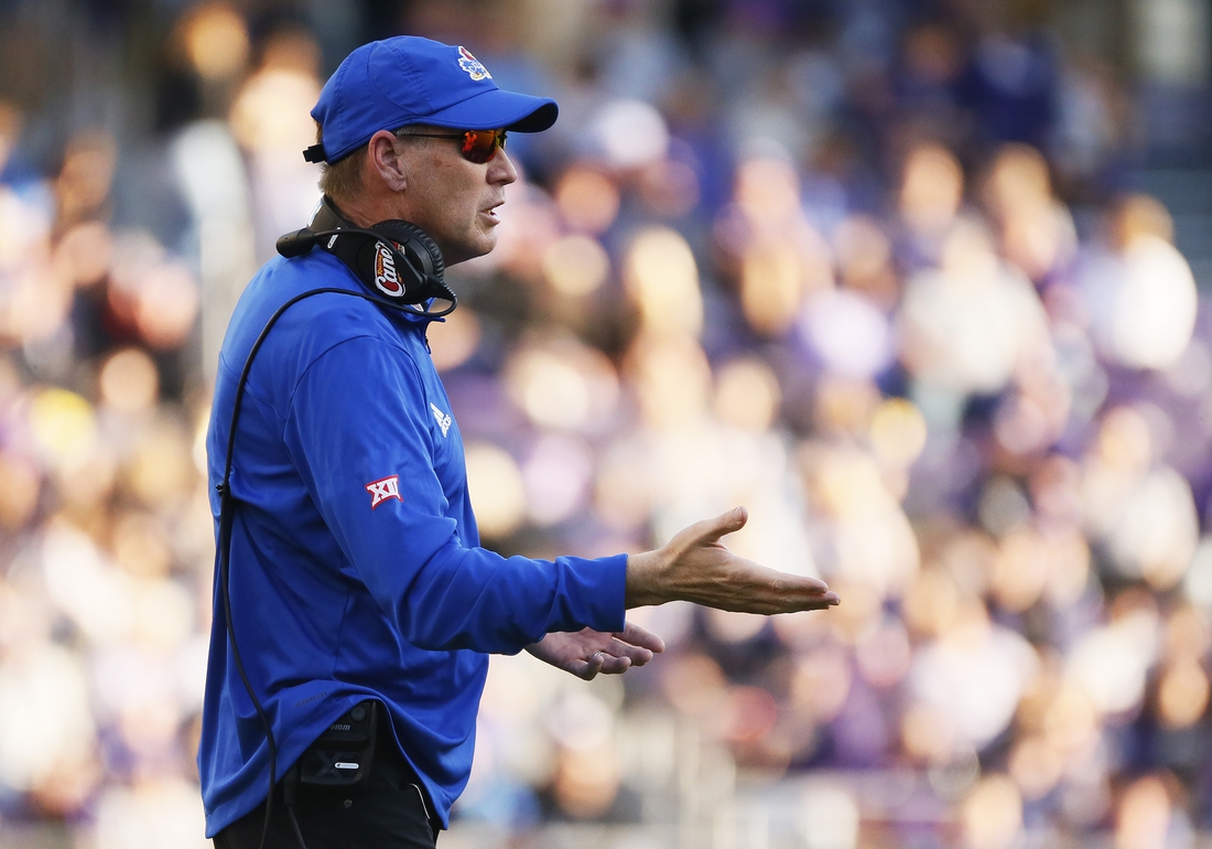 Nov 20, 2021; Fort Worth, Texas, USA; Kansas Jayhawks head coach Lance Leipold questions a call during the first half against the TCU Horned Frogs at Amon G. Carter Stadium. Mandatory Credit: Raymond Carlin III-USA TODAY Sports