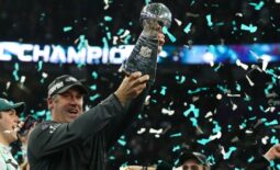 Feb 4, 2018; Minneapolis, MN, USA; Philadelphia Eagles head coach Doug Pederson hoist the Vince Lombardi Trophy after a victory against the New England Patriots in Super Bowl LII at U.S. Bank Stadium. Mandatory Credit: Matthew Emmons-USA TODAY Sports
