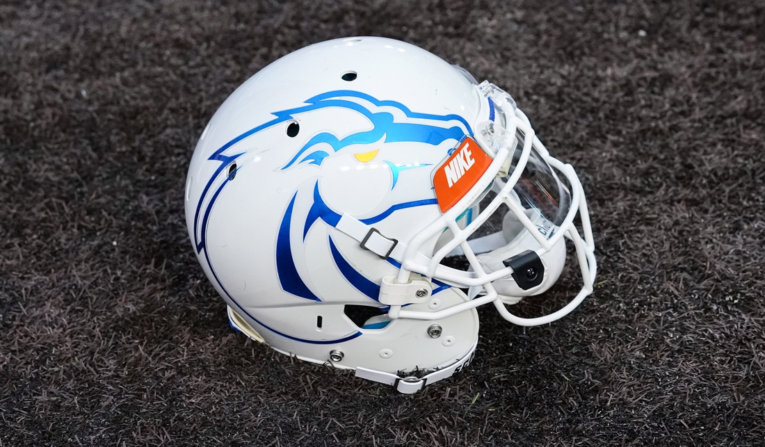 Sep 29, 2018; Laramie, WY, USA; A general view of the Boise State Broncos helmet against the Wyoming Cowboys at Jonah Field War Memorial Stadium. Mandatory Credit: Troy Babbitt-USA TODAY Sports