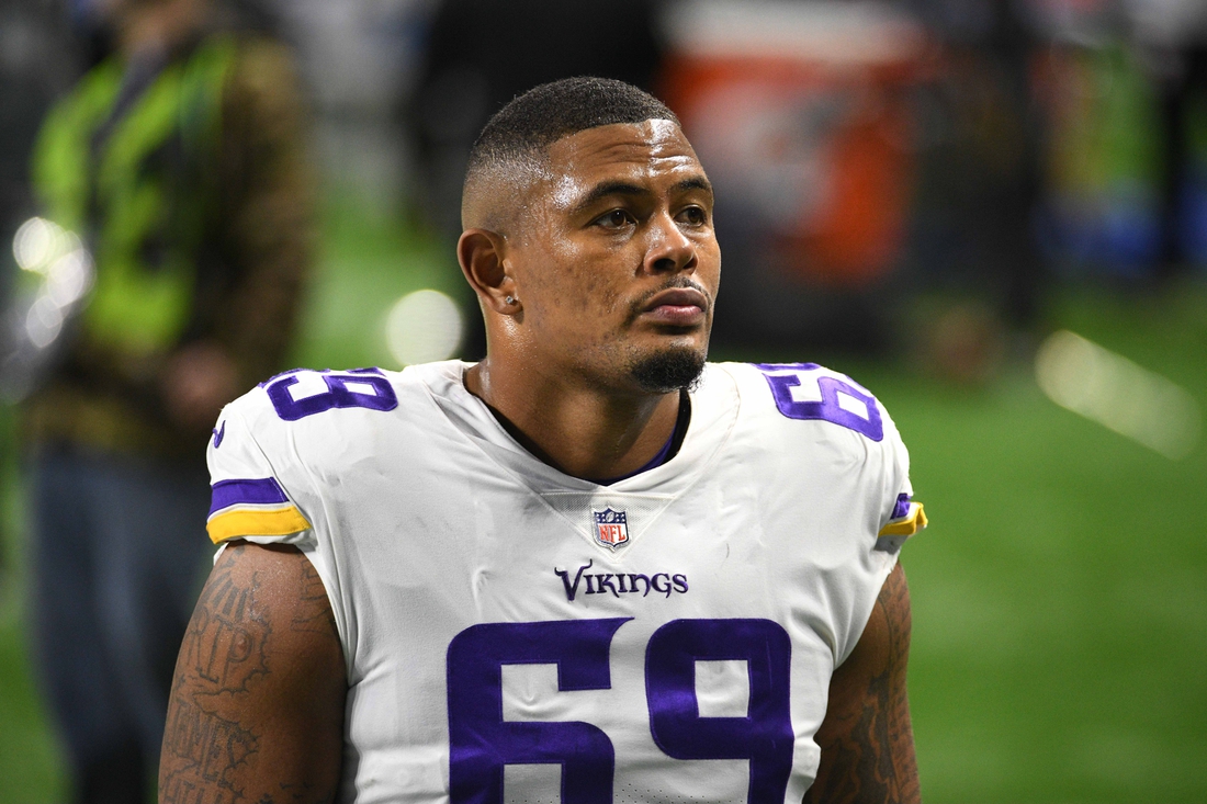 Jan 3, 2021; Detroit, Michigan, USA; Minnesota Vikings offensive tackle Rashod Hill (69) before the game against the Detroit Lions at Ford Field. Mandatory Credit: Tim Fuller-USA TODAY Sports