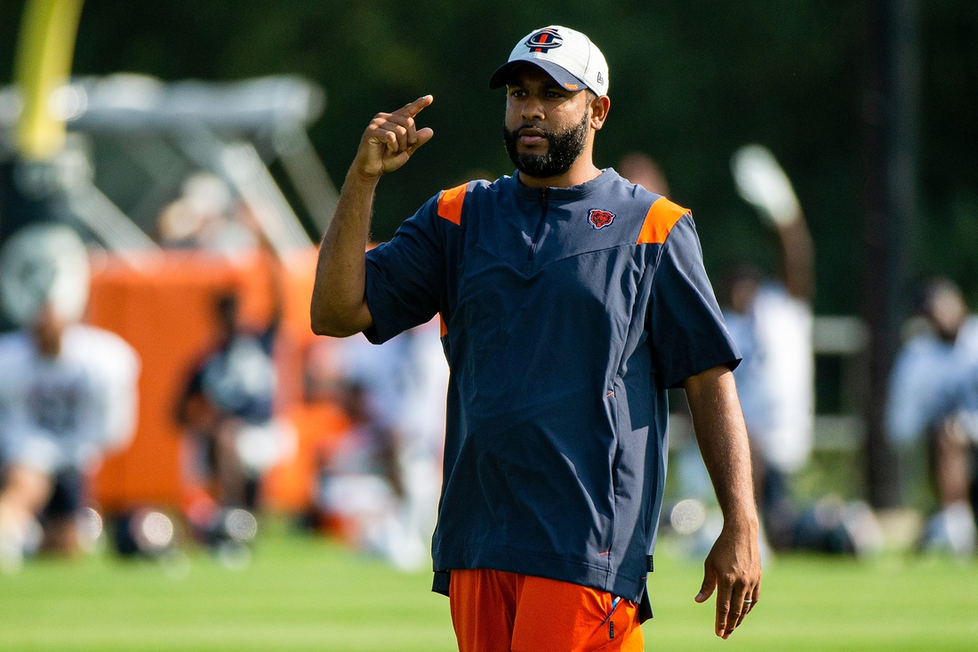 Jul 29, 2021; Lake Forest, IL, USA; Chicago Bears defensive coordinator Sean Desai gestures while walking on the field during a Chicago Bears training camp session at Halas Hall. Mandatory Credit: Jon Durr-USA TODAY Sports