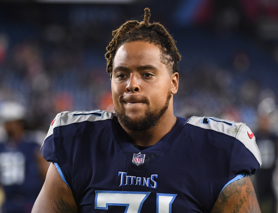 Aug 28, 2021; Nashville, TN, USA; Tennessee Titans offensive tackle Kendall Lamm (71) after the game against the Chicago Bears at Nissan Stadium. Mandatory Credit: Christopher Hanewinckel-USA TODAY Sports