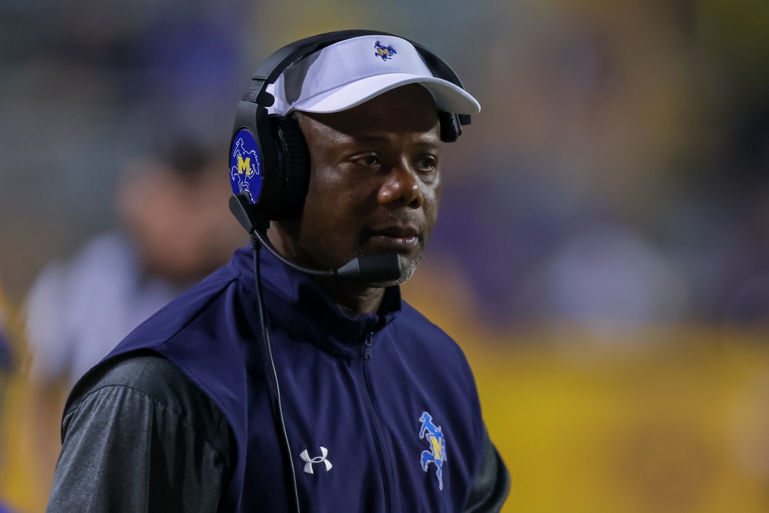 Sep 11, 2021; Baton Rouge, Louisiana, USA;  McNeese State Cowboys head coach Frank Wilson looks on during the second half against the LSU Tigers at Tiger Stadium. Mandatory Credit: Stephen Lew-USA TODAY Sports