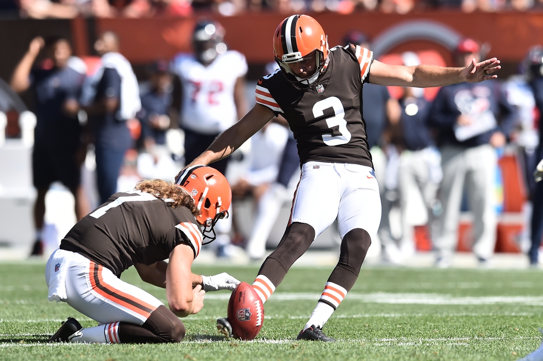 Sep 19, 2021; Cleveland, Ohio, USA; Cleveland Browns kicker Chase McLaughlin (3) kicks a field goal from the hold of punter Jamie Gillan (7) during the second half against the Houston Texans at FirstEnergy Stadium. Mandatory Credit: Ken Blaze-USA TODAY Sports