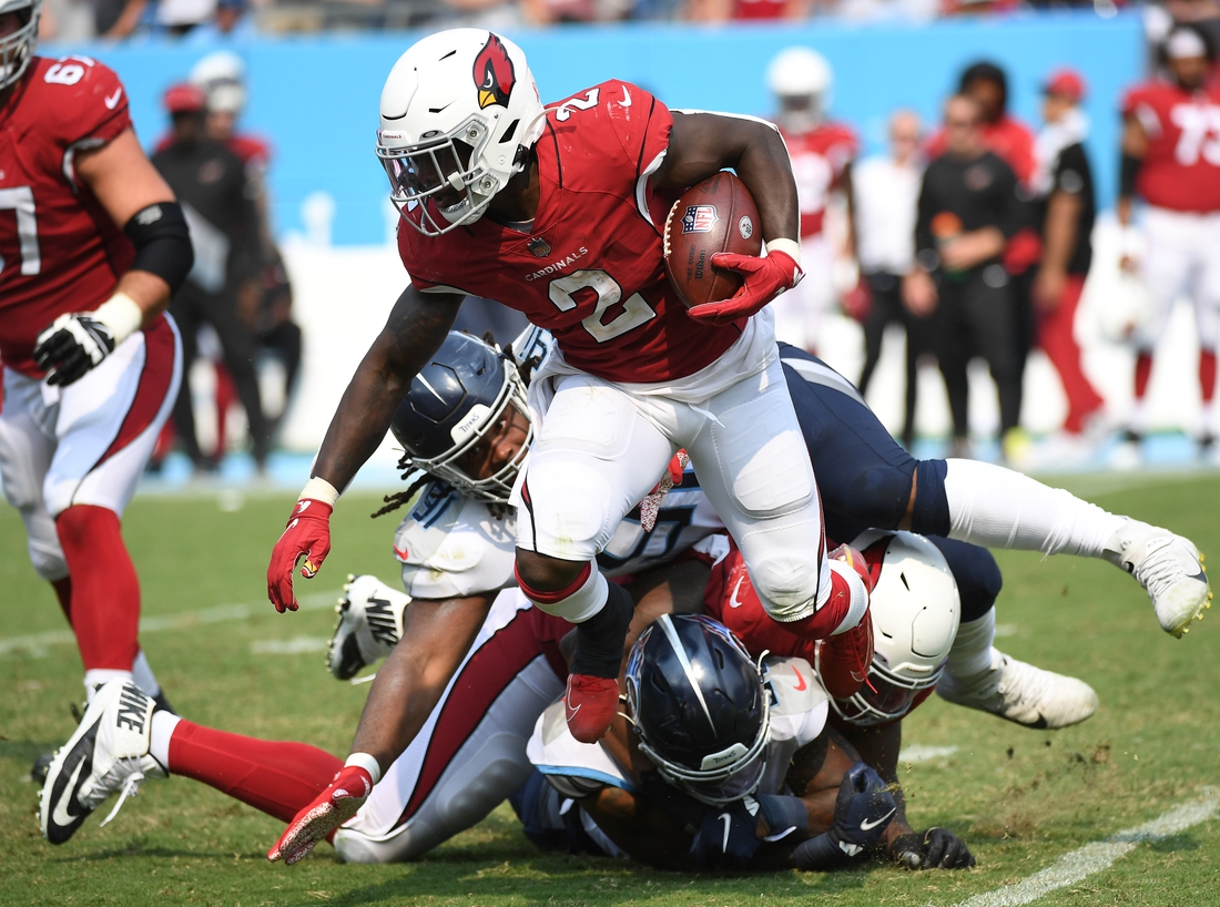 Sep 12, 2021; Nashville, Tennessee, USA; Arizona Cardinals running back Chase Edmonds (2) against the Tennessee Titans at Nissan Stadium. Mandatory Credit: Christopher Hanewinckel-USA TODAY Sports