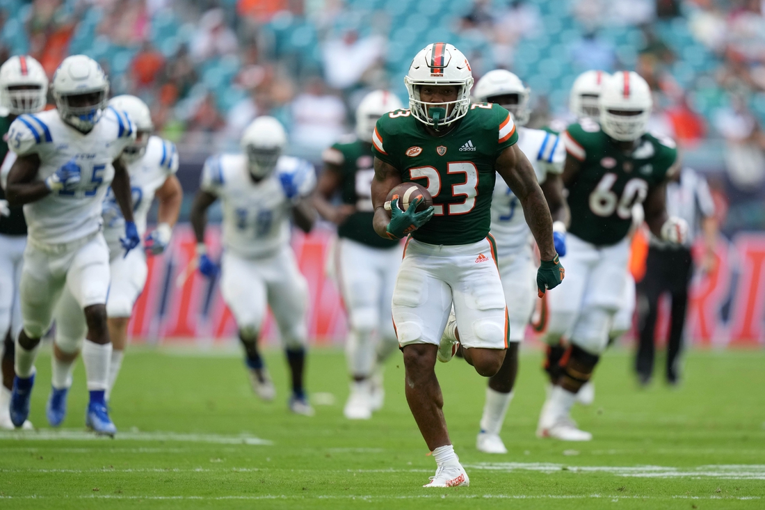 Sep 25, 2021; Miami Gardens, Florida, USA; Miami Hurricanes running back Cam'Ron Harris (23) runs the ball for a touchdown during the first half against the Central Connecticut State Blue Devils at Hard Rock Stadium. Mandatory Credit: Jasen Vinlove-USA TODAY Sports