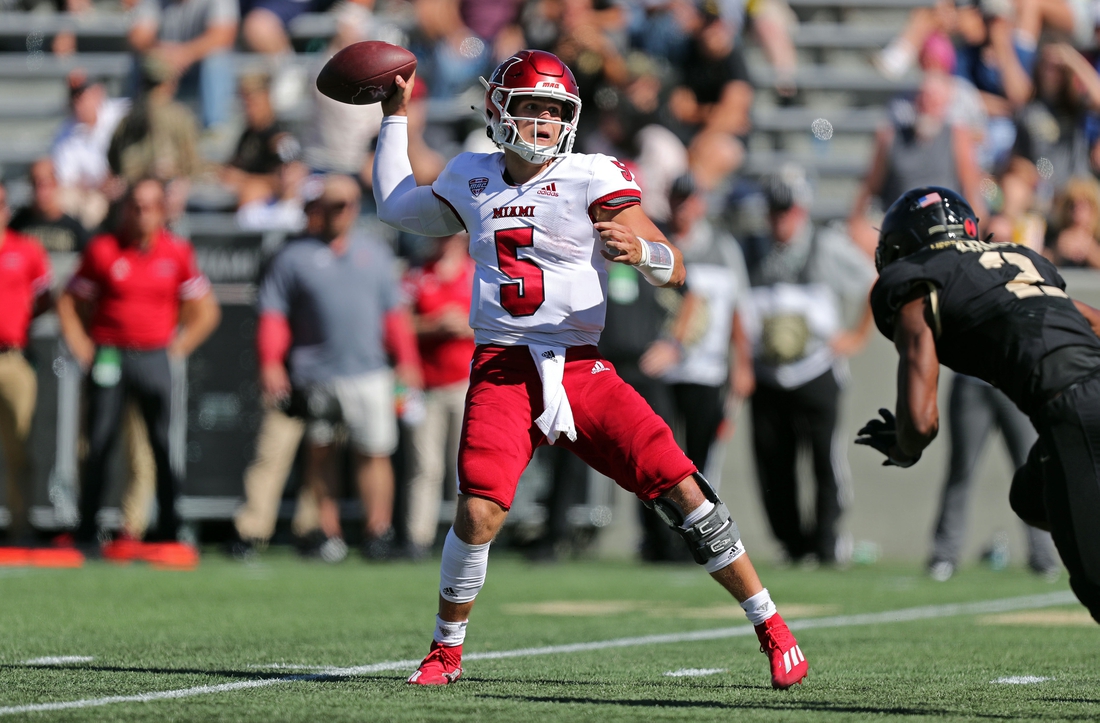 Sep 25, 2021; West Point, New York, USA; Miami (Ohio) RedHawks quarterback Brett Gabbert (5) throws a pass against the Army Black Knights during the second half at Michie Stadium. Mandatory Credit: Danny Wild-USA TODAY Sports