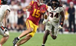 Sep 25, 2021; Los Angeles, California, USA; USC Trojans wide receiver Drake London (15) runs the ball after a complete pass in the second half of the game at United Airlines Field at Los Angeles Memorial Coliseum. Mandatory Credit: Jayne Kamin-Oncea-USA TODAY Sports