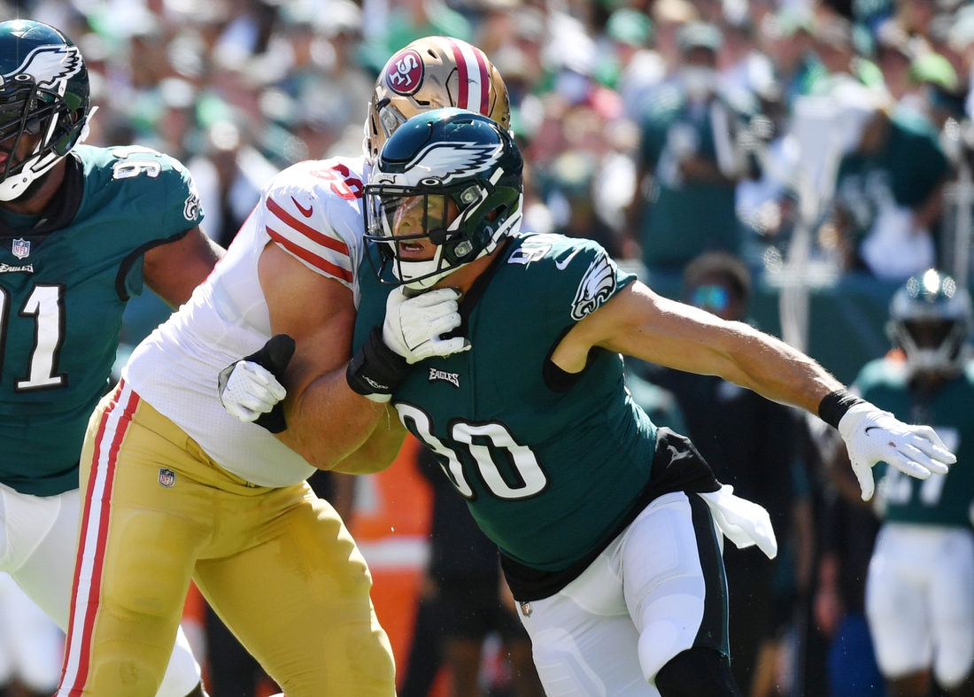 Sep 19, 2021; Philadelphia, Pennsylvania, USA; Philadelphia Eagles defensive end Ryan Kerrigan (90) is blocked by San Francisco 49ers offensive tackle Mike McGlinchey (69) at Lincoln Financial Field. Mandatory Credit: Eric Hartline-USA TODAY Sports