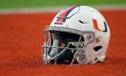 Sep 30, 2021; Miami Gardens, Florida, USA; A general view of a Miami Hurricanes helmet in the end zone prior to the game between the Miami Hurricanes and the Virginia Cavaliers at Hard Rock Stadium. Mandatory Credit: Jasen Vinlove-USA TODAY Sports