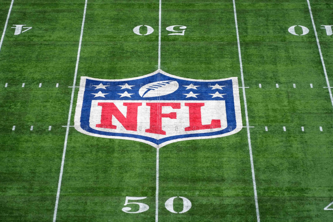 Oct 17, 2021; London, England, United Kingdom; A general overall view of the NFL Shield logo at midfield during an NFL International Series game between the Miami Dolphins and the Jacksonville Jaguars at Tottenham Hotspur Stadium.  Mandatory Credit: Kirby Lee-USA TODAY Sports